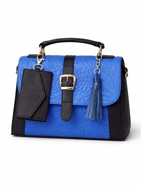 Genuine Leather Blue Handbag with Shoulder Strap
